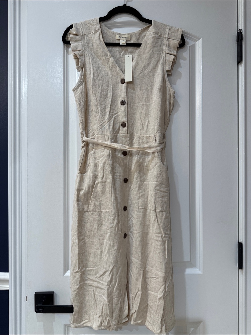 Monteau Cream Button-Front Linen Midi Dress with Tie Waist